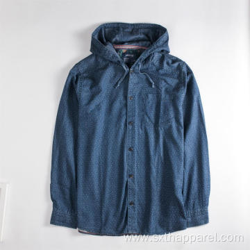 Indigo Blue Dotted Printed Shirt Jacket Hooded